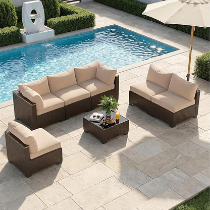 Patio Furniture Set, 7-Piece Outdoor Sectional Couch with Coffee Table & Thick Cushions, Outdoor Wicker Conversation Set for Backyard, Poolside, Garden (Brown-Camel, 7 Piece-Single)