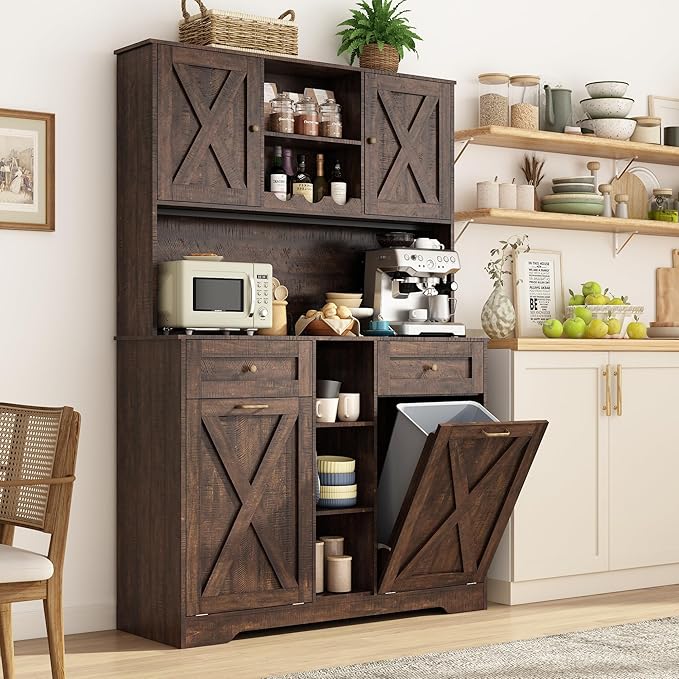 71" Tall 47"Wide Kitchen Pantry Storage Cabinet with Power Outlets,Farmhouse Kitchen Double Tilt Out Trash Cabinet 10X2 Gallon Garbage Holder with Two Drawers,Freestand Laundry Sort Cabinets(Brown)