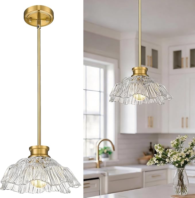 Gold Pendant Light, HWH Kitchen Island Lighting for Living Rooms, Dining Room, Modern Pendant Light Fixture with Clear Flower Glass, Brushed Gold Finish, 5HJX112MIL BG