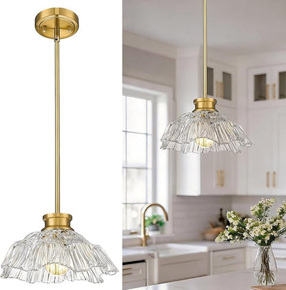 Gold Pendant Light, HWH Kitchen Island Lighting for Living Rooms, Dining Room, Modern Pendant Light Fixture with Clear Flower Glass, Brushed Gold Finish, 5HJX112MIL BG