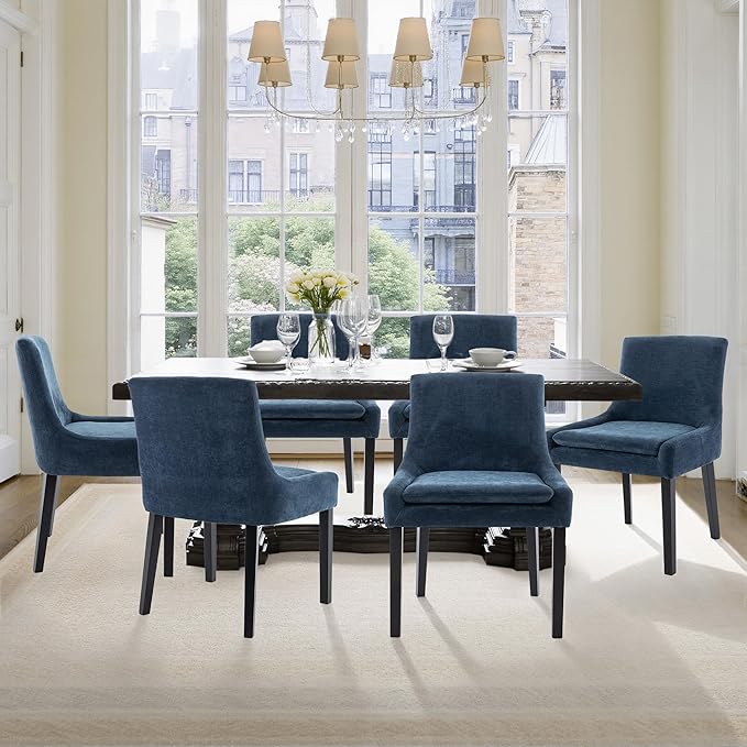 Dining Chairs Set of 6 – Extra Wide & Padded Fabric Dining Chairs with Solid Wood Legs, High-Density Foam Cushion, Mid-Back Modern Kitchen Chairs for Comfortable Everyday Use