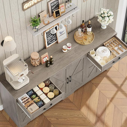 BOTLOG 2PCS Kitchen Cabinets, 71” Large Sideboard Buffet Cabinet with Storage, 72" Tall Pantry Cabinet with Microwave Stand, Wood Coffee Wine Bar Console Table for Kitchen, Dining Room (Ash Gray)