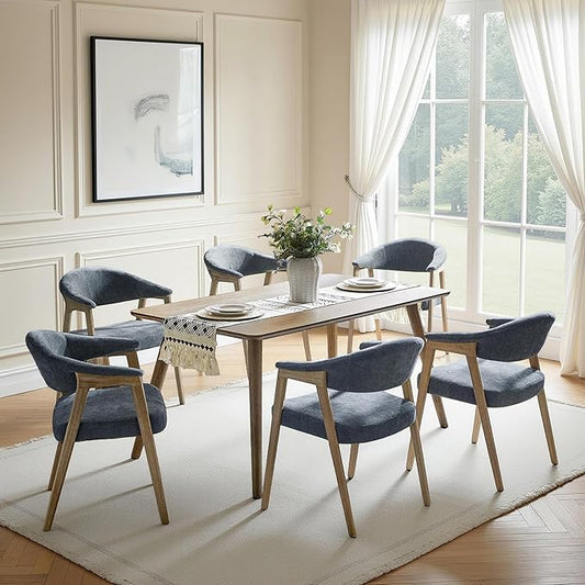 HULALA HOME Mid-Century Modern Dining Chairs Set of 6, Wooden Upholstered Kitchen Chairs with Armrest, Curved Backtrst & Wood Legs Armchairs Accent Chairs for Dining Living Room - Navy