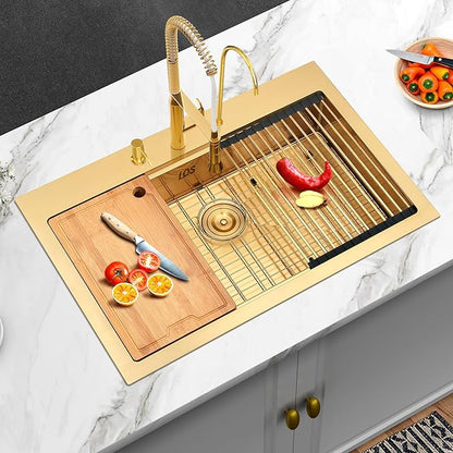 LQS Gold Kitchen Sink 33x22, Gold Drop In Kitchen Sink with 3 Holes, 33 Inch Large Top Mount Stainless Steel Handmade Sturdy 16 Gauge T304 with Abundant Accessories, R10 Round Corner