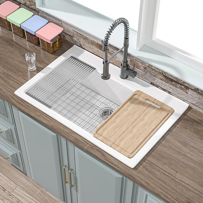 33x22 Drop In Kitchen Sink Workstation White 1 Hole, 33 Inch Large Fireclay Workstation Sink Drop In Single Bowl, Topmount, with 4 Accessories (Cutting Board Included), for Kitchen