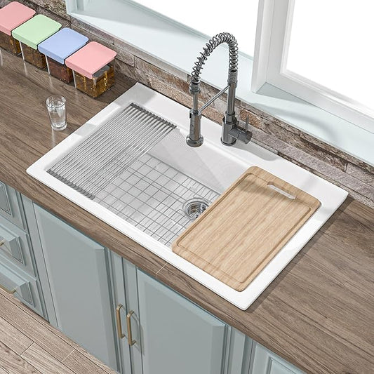 33x22 Drop In Kitchen Sink Workstation White 1 Hole, 33 Inch Large Fireclay Workstation Sink Drop In Single Bowl, Topmount, with 4 Accessories (Cutting Board Included), for Kitchen