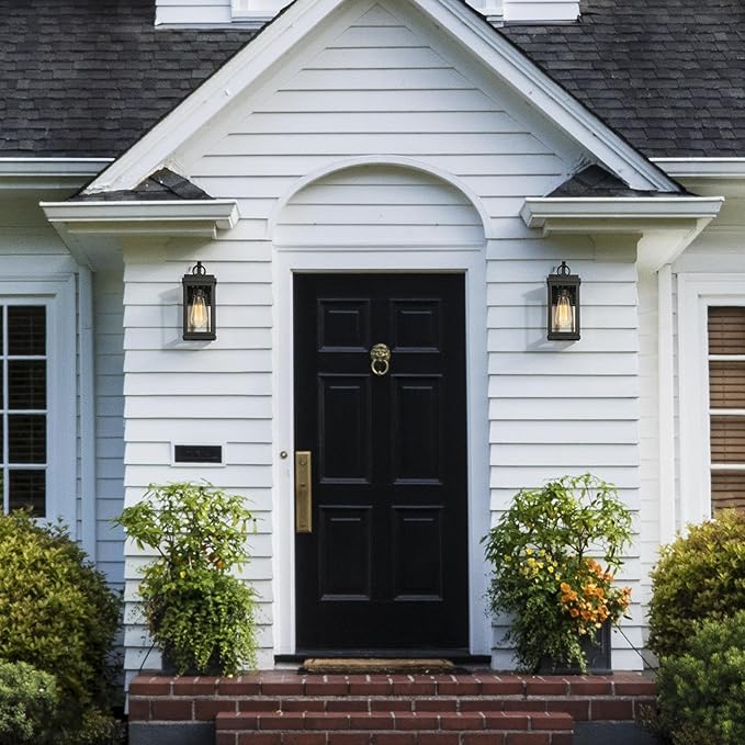 Black Outdoor Light Fixture 2 Pack, Modern Farmhouse Exterior Outdoor Wall Sconce Lights with Seeded Glass, Waterproof Rectangular Porch Lights Outdoor Wall Lighting for House, Front Door, Garage