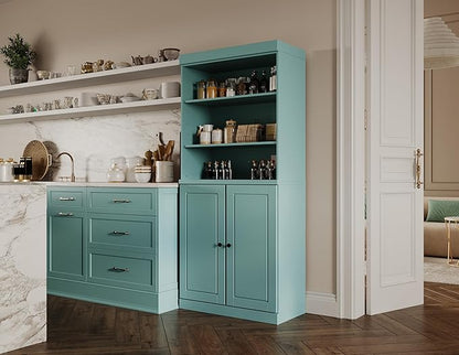 Palace Imports 100% Solid Wood Kitchen Pantry w/ 2 Wood Doors, Aqua, 32" w x 71.5" h, Renewable Eco-Friendly Pine, Made in Brazil