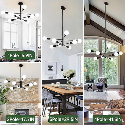 RUIYEY Modern Sputnik Chandeliers Light, 8-Light Black Chandeliers for Dining Room, Height Adjustable Ceiling Lights Farmhouse Chandelier for Kitchen Island Living Room Bedroom