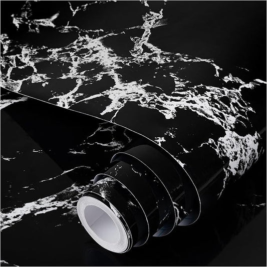 practicalWs Glossy Marble Wall Paper Granite Black/Grey Kitchen Countertop Cabinet Furniture Refurbishment Removable Wallpaper Peel and Stick Vinyl Roll 23.6" x 118.1"