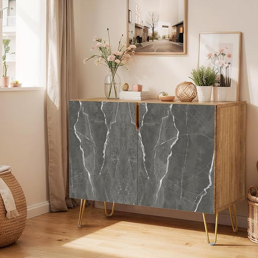 SIGNWIN Sideboard Buffet Cabinet, Kitchen Storage Cabinet with 2 Doors, Dark Gray Stonewash Marble Pattern, Cupboard Console Table for Dining Room - 35" L x 18" W x 29" H