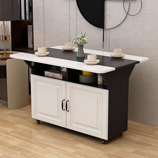 Folding Dining Table, Multi-Purpose Dining Table, 2 Level lockers, Removable Kitchen Table with Pulley, Suitable for Small Space Restaurant Kitchens (Black.)