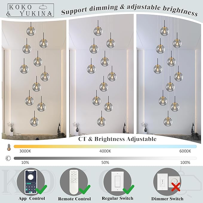 KoKo&Yukina Gold 10-Light Chandelier Modern Stairwell Lighting Adjustable Globe Cluster Lights with Grey Glass for Staircase