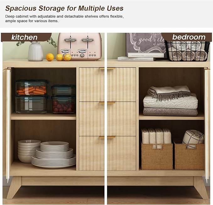 Fluted Sideboard Buffet Cabinet with Storage, 47" Modern Mid Century Coffee Bar Storage Cabinet with Doors and Drawers, Narural Oak