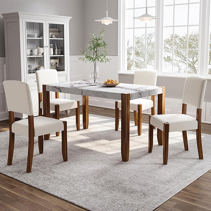 VilroCaz Modern 5-Piece Dining Table Set, 46" Faux Marble Style Table and 4 Upholstered Chairs with Solid Wood Legs, Kitchen Dining Room Set for 4, Space-Saving Dinette (Off White-5P)