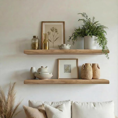 PERFNIQUE 36 Inch Floating Shelves Set of 2, Solid Elm Wood Rustic Live Edge Wall Decor Shelves - Invisible Bracket Mount for Living Room, Kitchen, Bathroom, Natural.