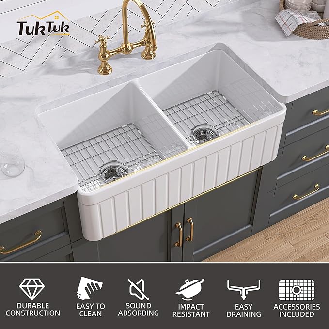 TUKTUK Farmhouse Sink 33 x 18 Inch 50/50 Fireclay Apron Front Farm House White Kitchen Sink Double Bowl Undermount Reversible Heavy Duty Porcelain Kitchen Basin with Modern Accessory Kit