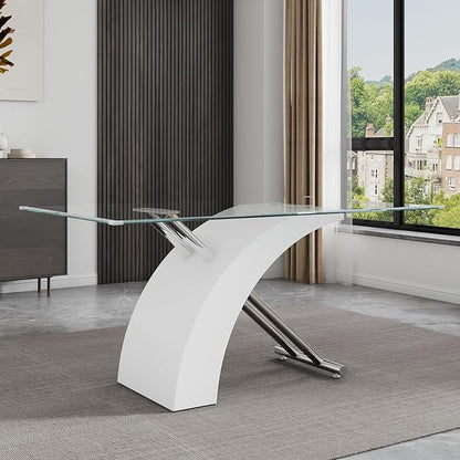 63" Rectangle Glass Dining Table, White Modern Kitchen Table with Tempered Glass Tabletop and Silver X-Shaped MDF Base, Dining Room Table for 4-6, for Kithchen, Living Room