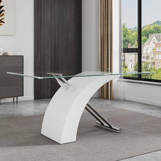 63" Rectangle Glass Dining Table, White Modern Kitchen Table with Tempered Glass Tabletop and Silver X-Shaped MDF Base, Dining Room Table for 4-6, for Kithchen, Living Room