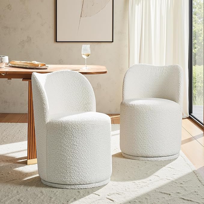 HULALA HOME Boucle Swivel Dining Chairs Set of 2 - Sherpa Upholstered Barrel Kitchen Chair with 360 Degree Rotation, Beige Modern Accent Vanity Chair for Dining Living Room, Bedroom, Makeup Room