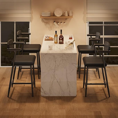 GarveeHome Bar Stools Set of 6 with Arms, 26" Modern 6pcs Counter Height Metal Barstools Set with Wood Back & Footrest, Wider Seat, Sturdy Frame, for Counter Bar, Kitchen Island, Retro Black