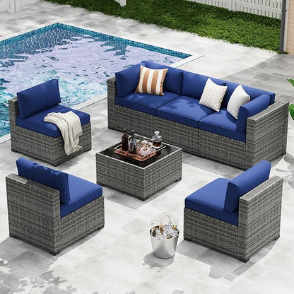 LazySunsets 7-Piece Patio Furniture Set, Wicker Rattan Outdoor Furniture with Thick Cushions, Patio Conversation Sets with Coffee Table, Outdoor Sectional Couch Sofa with Waterproof Cover, Blue