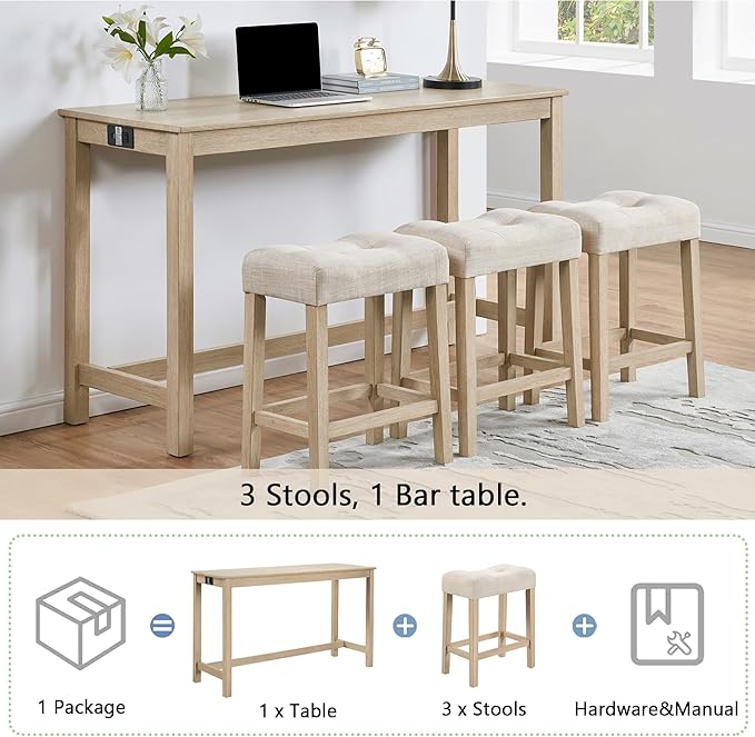 4-Piece Wooden Counter-Table Set with Power Outlet, Industrial Kitchen Dining Tables with 3 Upholstered Stools, 59 Inch Farmhouse Bar Table Chairs w/USB and Type-C Ports, Light Oak