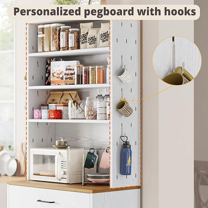 IRONCK Bakers Rack Microwave Stand Storage and Customizable Pegboard, 71" Farmhouse Coffee Bar Cabinet with Drawer, Barn Doors, Adjustable Shelves for Kitchen, Dining Room, White