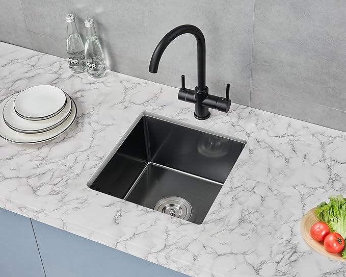 MENATT 15 x 15 Inch Black Undermout Kitchen Sink, 304 Stainless Steel Handmade Single Bowl Small Kitchen Bar or Prep Sink, D15"xW15"xH8"