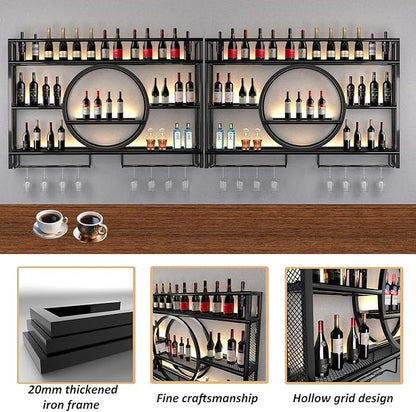 Metal Wine Rack Wall Mounted with LED Light, 3-Tier Bar Liquor Shelf with Wine Glass Holder, Modern Large Capacity Liquor Bottle Display Storage Shelf for Home Bar, Dining Room(Black, 120 * 80 * 15)