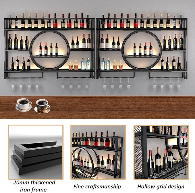 Metal Wine Rack Wall Mounted with LED Light, 3-Tier Bar Liquor Shelf with Wine Glass Holder, Modern Large Capacity Liquor Bottle Display Storage Shelf for Home Bar, Dining Room (Black, 100 * 80 * 15)