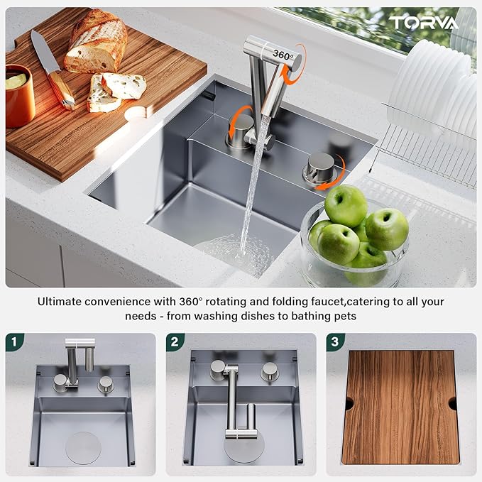 TORVA RV Kitchen Sink, 13 x 15 x 7 Inch Undermount Bar Sink 16 Gauge Stainless Steel Single Bowl Sink with Foldable Faucet Cutting Board, Grey