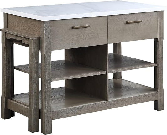 Benjara 50 Inch Wood Kitchen Island, Faux Marble Top, Pull Out Table, Gray