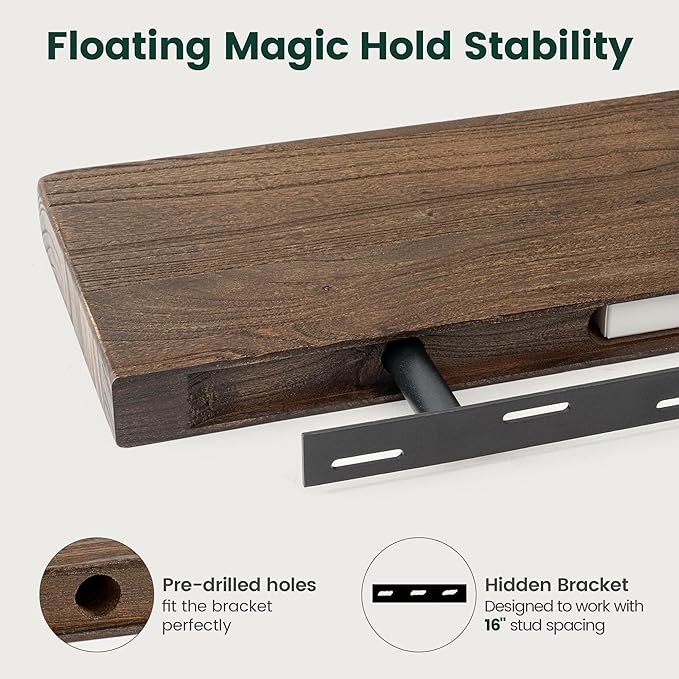 55 Inch Flat Edge Floating Shelves, 8 Inch Deep Solid Elm Wood Wall Shelf, Heavy-Duty Wall Mounted Shelf with Invisible Brackets for Living Room, Bathroom, Kitchen, Set of 1, Walnut Color