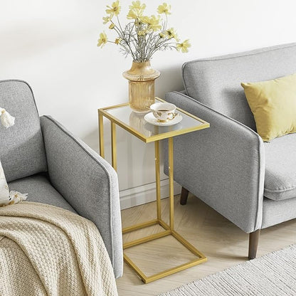 YMYNY C-Shaped End Table, Tempered Glass Sofa Side Table, TV Tray CouchTable That Slide Under for Small Space, Coffee Table for Hallway Office Bedroom Living Room, Metal Frame, Gold, UHGD001G