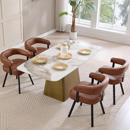 Modern Barrel Dining Chairs Set of 4, Brown PU Leather Upholstered Dining Room Chairs with Arms, Comfy Kitchen Chairs with Black Metal Legs for Dinner Living Room