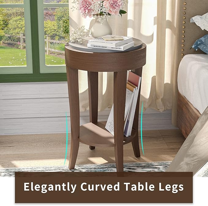SUNBURY Farmhouse End Table with Open Storage Shelves, 16" W Round Wood Side Table, MDF Accent Nightstand for Living Room, Bedroom, and Dining Room (Dark Gray & Rustic Brown)