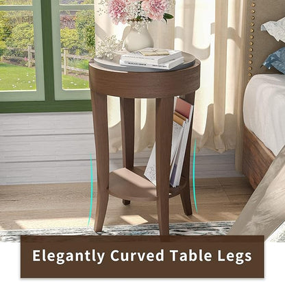 SUNBURY Farmhouse End Table with Open Storage Shelves, 16" W Round Wood Side Table, MDF Accent Nightstand for Living Room, Bedroom, and Dining Room (Dark Gray & Rustic Brown)