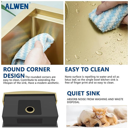 33" Luxury Gold Farmhouse Sink – ALWEN 16 Gauge Workstation Apron Front Sink, 10" Depth Single Bowl with R10 Radius & Accessories