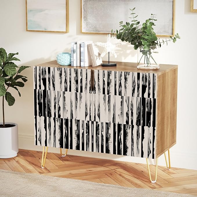 SIGNWIN Sideboard Buffet Cabinet, Kitchen Storage Cabinet with 2 Doors, Black & Gray Grunge Line Patterns, Cupboard Console Table for Dining Room - 35" L x 18" W x 29" H