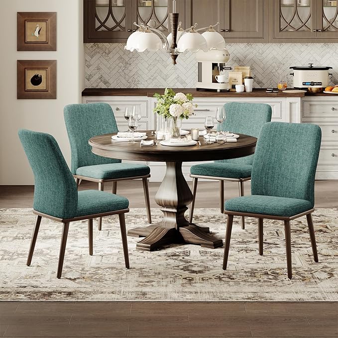 MALOL Upholstered Dining Chairs Set of 2, Modern Kitchen Chairs with High Back, Padded Fabric Dining Room Chair with Solid Wood Legs for Restaurant/Cafe/Home, Green