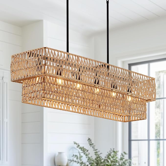 6-Light Boho Rattan Chandeliers for Dining Room, 2 Layer Large Linear Chandelier Rattan Pendant Light Fixture Farmhouse 34” Rectangle Chandelier for Kitchen Island Bar Living Room