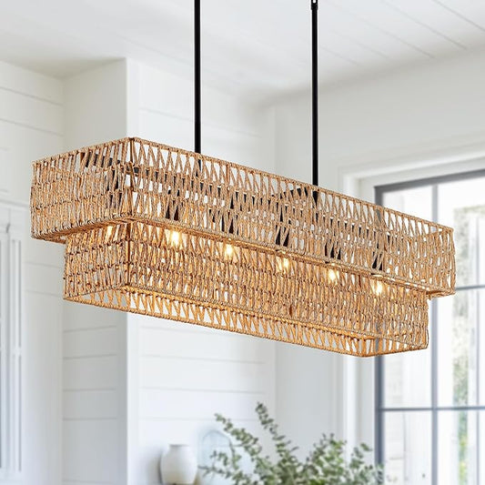 6-Light Boho Rattan Chandeliers for Dining Room, 2 Layer Large Linear Chandelier Rattan Pendant Light Fixture Farmhouse 34” Rectangle Chandelier for Kitchen Island Bar Living Room