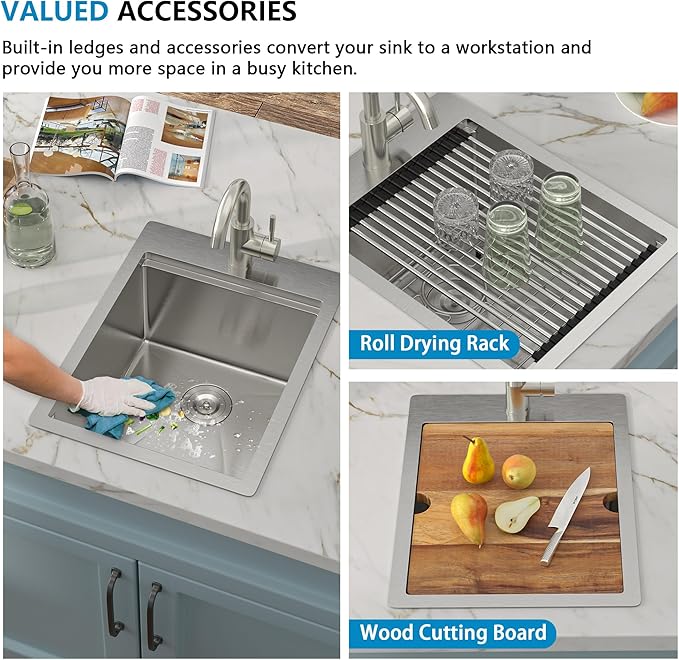 15"x20" Drop In Bar Prep Sink Workstation – 16 Gauge 304 Stainless Steel Top Mount Overmount Wet Bar RV Outdoor Kitchen Sink with Faucet