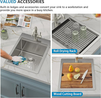 15"x20" Drop In Bar Prep Sink Workstation – 16 Gauge 304 Stainless Steel Top Mount Overmount Wet Bar RV Outdoor Kitchen Sink with Faucet