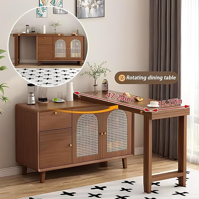 60.68in Multifunctional Folding Buffet Table, Modern Bar Cabinet with Swivel Table, Extendable Dining Table, Double Storage Cabinet for Kitchen, Living Room, Small Space - Walnut/White(Walnut,50.79in)