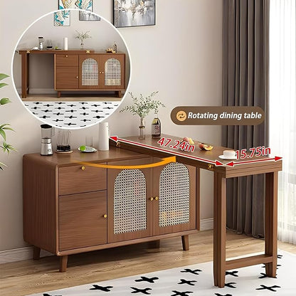 60.68in Multifunctional Folding Buffet Table, Modern Bar Cabinet with Swivel Table, Extendable Dining Table, Double Storage Cabinet for Kitchen, Living Room, Small Space - Walnut/White(White,60.63in)