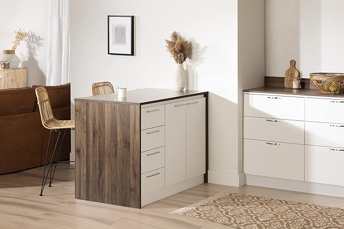 South Shore Kitchen Island, Natural Walnut and White