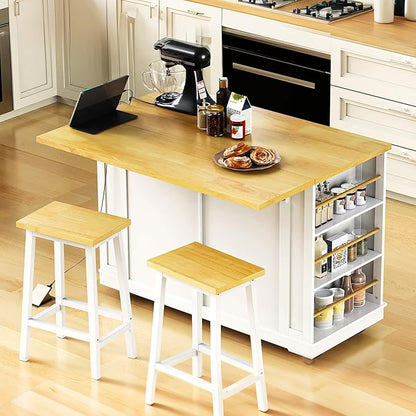 Ball & Cast Kitchen Island with 2 Bar Stools and Power Outlet,Rolling Kitchen Cart on 5 Wheels W/Drop Leaf&5 Open Side Racks,Kitchen Storage Cart W/Adjustable Shelf,for Kitchen,Dining Room,White,48"