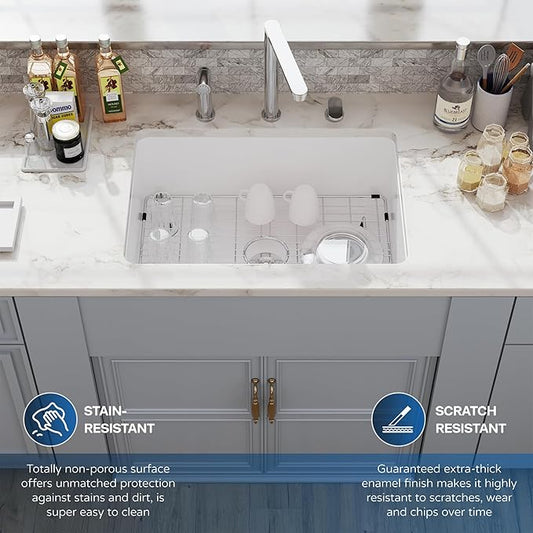 27 White Undermount Kitchen Sink, Hugsleek Topmount & Undermount Kitchen Sink 27x19 inch White Porcelain Ceramic Fireclay Sinks Dual Mount Accessories Single Bowl Under Counter Sinks Basin Drop In